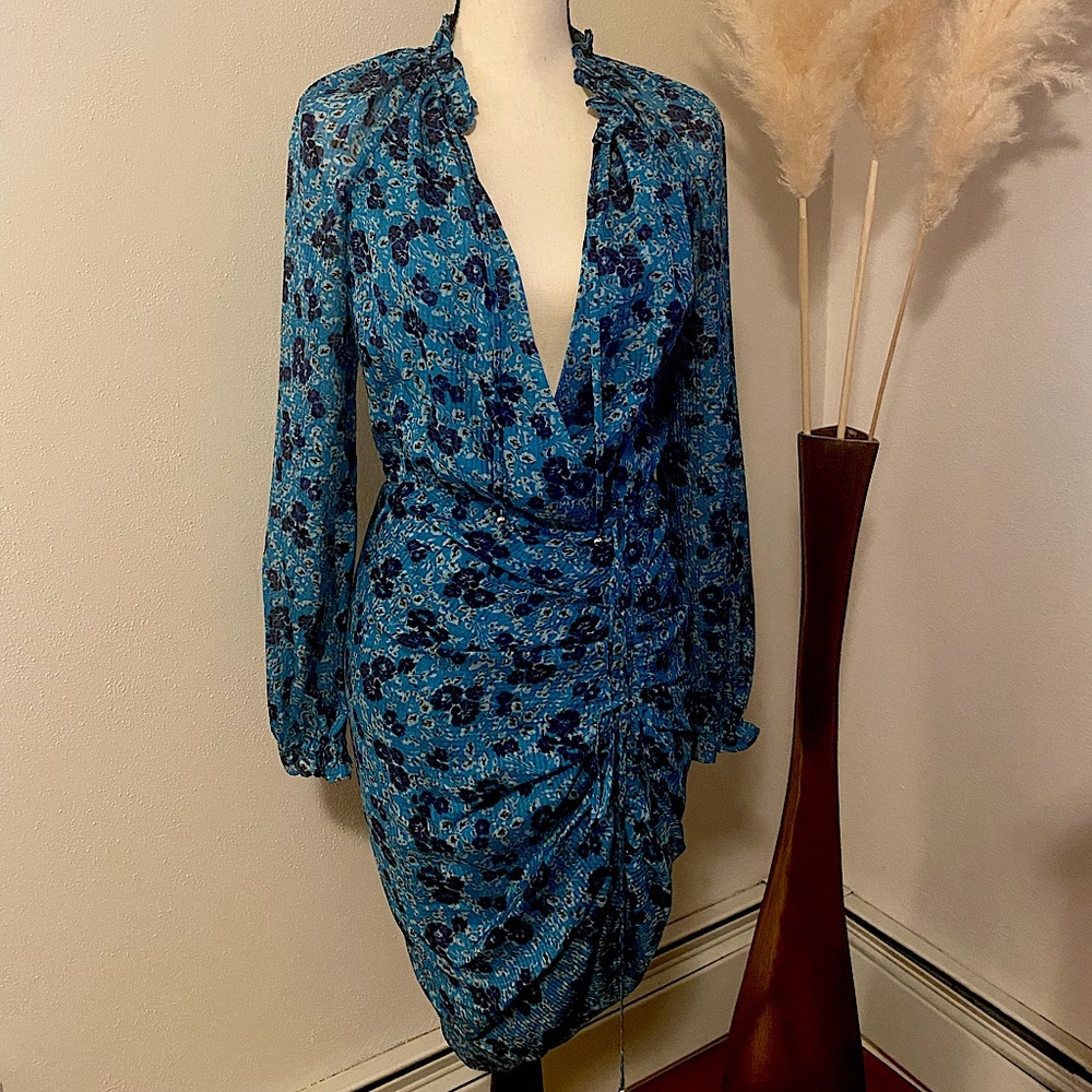 Veronica Beard, blue flower patterned, long sleeve silk dress. Size 2.